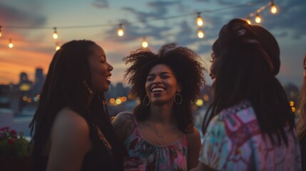 A group of women stand on a street, their faces glowing with genuine smiles as they laugh and bask in the warm hues of the sunset sky, their clothing a colorful display of their vibrant personalities
