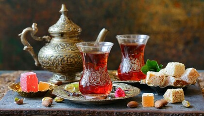 Turkish Delight Traditional glasses of Turkish tea with mint leaf and rahat lokum 