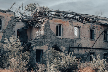 destroyed houses in an abandoned city without people in Ukraine