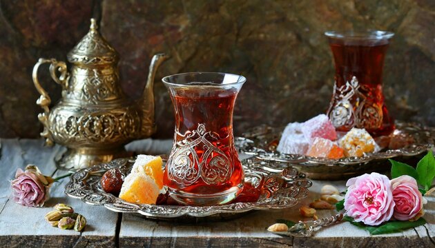 Traditional glass of Turkish tea with rahat lokum Turkish Delight