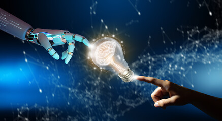 Ai Robot hand and Human hand pointing a brain inside a light bulb. Artificial Intelligence...