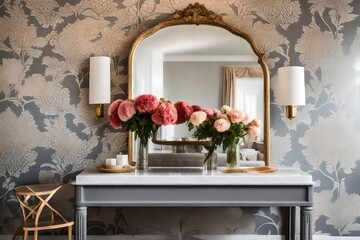 flowers in a window of a room, Mirror on patterned wallpaper above a grey table with flowers. The mirror reflects the intricate patterns of the wallpaper, creating a mesmerizing visual effect