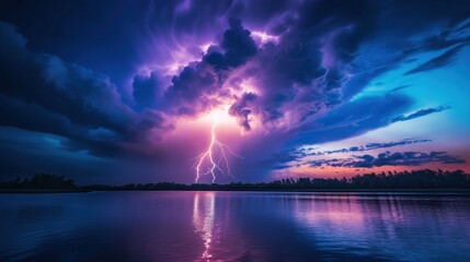 view of purple clouds with thunderstorm over the lake - obrazy, fototapety, plakaty