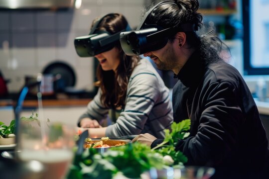 A couple lost in a virtual world, their faces obscured by goggles, as they explore the lush outdoors filled with plants and tantalizing food