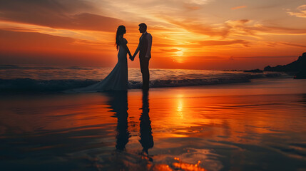 romantic sunset scene with a newlywed couple silhouetted against a vibrant orange sky