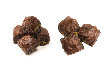 Turkish chocolate baklava isolated on white background.