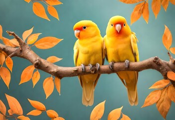 Yellow lovebirds cuddling on a perch with a  backdrop of orange leaves  - obrazy, fototapety, plakaty