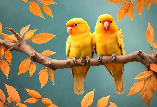 Yellow lovebirds cuddling on a perch with a  backdrop of orange leaves 