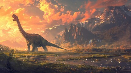 Naklejka premium a dinosaur with mountain evening landscape