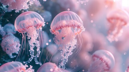 beautiful pink jelly fishes with blur background