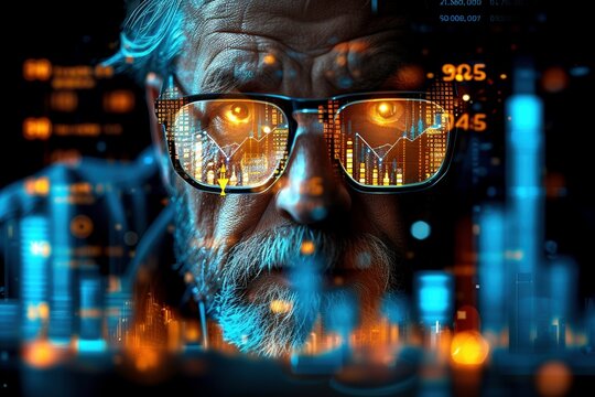 magazine image portraying a seasoned financial analyst meticulously studying stock market trends, immersed in a sea of digital screens adorned with detailed statistics and interactive graphs