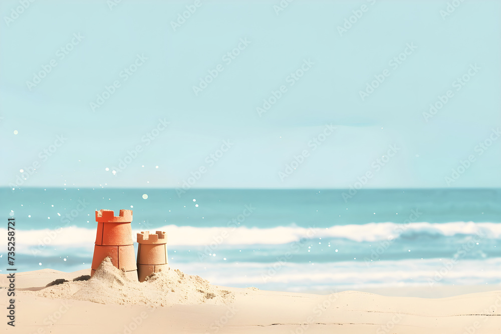 Wall mural Sand castle on the ocean beach flat cartoon illustration. Summer kids holidays on the sea side, sea coast. Concept of summer vacation for postcard, banner, poster, ads with copy space.