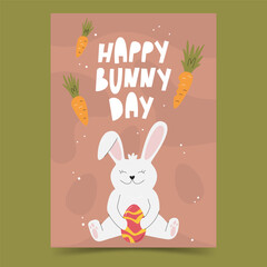 Happy Bunny Day handwritten lettering concept. Festive poster design with rabbit animal personage. Spring holiday flyer and banner template design. Easter character hand drawn flat vector illustration
