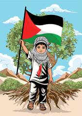Child from Gaza, little Boy with Keffiyeh holding a Palestinian Flag symbol of freedom, and standing in front of an Olive Tree Vector illustration  