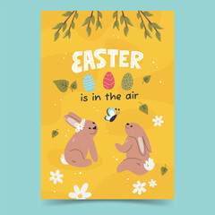 Traditional spring festival poster with bunnies and branches. Easter flyer invitation with handwritten lettering and eggs. Banner template design. Easter in the air hand drawn flat vector illustration