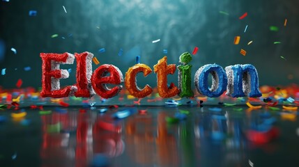 colorful bold letter written election with confetti floating on blur background