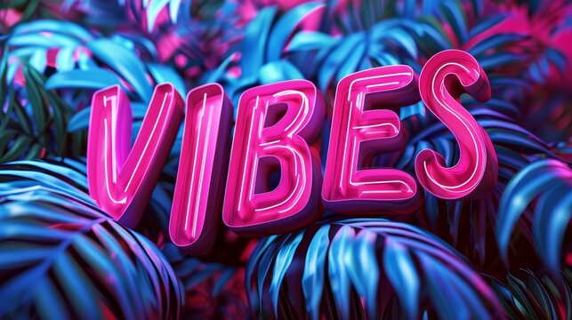 pink 3d font "vibes" on leaf background