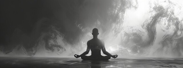 silhouette of a man in meditation pose with smoky background - obrazy, fototapety, plakaty
