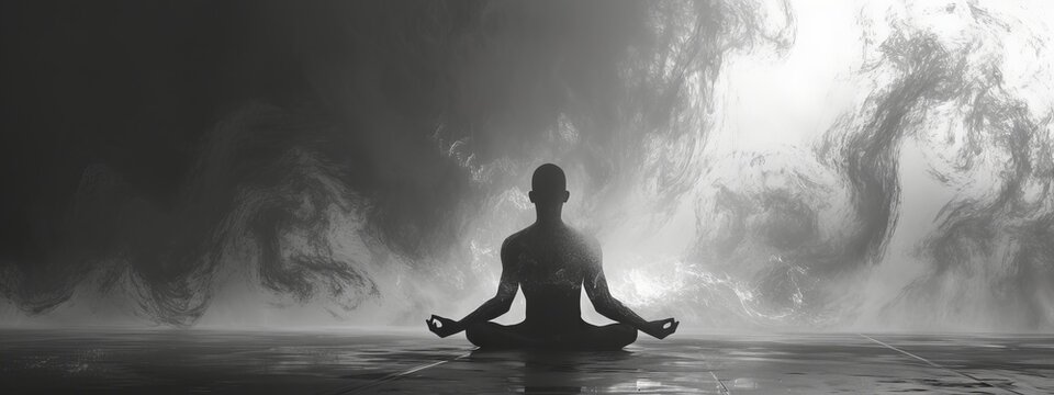 silhouette of a man in meditation pose with smoky background