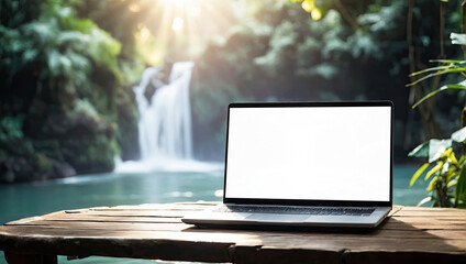 Laptop with blank white screen mock up on mountain lake in the rocks with waterfall in the tropical jungle. Remote work on vacation and travel, home office, internet, tours, trekking.