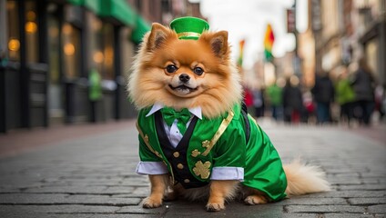 A ginger dog of the German Spitz breed in a green suit with clover for the St. Patrick's Day holiday on the street of the city. Clothes for small breeds of dogs, party.