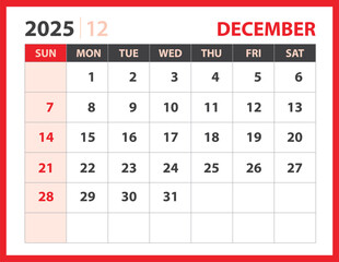 December 2025 template, Calendar 2025 design vector, planner layout, Week starts Sunday, Desk calendar 2025 template, Stationery. Wall calendar on red background, vector eps 10