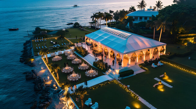 An aerial view of a luxurious Miami wedding venue by the sea