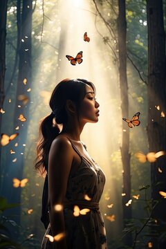 Asian woman in a magical misty forest surrounded by butterflies in a ray of light - enjoyment of nature, beauty, feminine energy, femininity, magical radiance, unity with nature. 