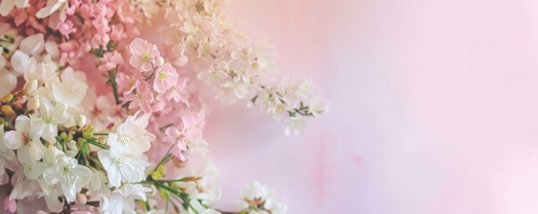 Panoramic View of Blossoming Branches on Pink Gradient.
