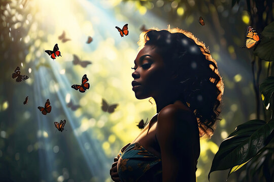 A darkskinned woman in a tropical misty forest surrounded by butterflies in a ray of light - enjoyment of nature, beauty, feminine energy, femininity, magical radiance, unity with nature. 