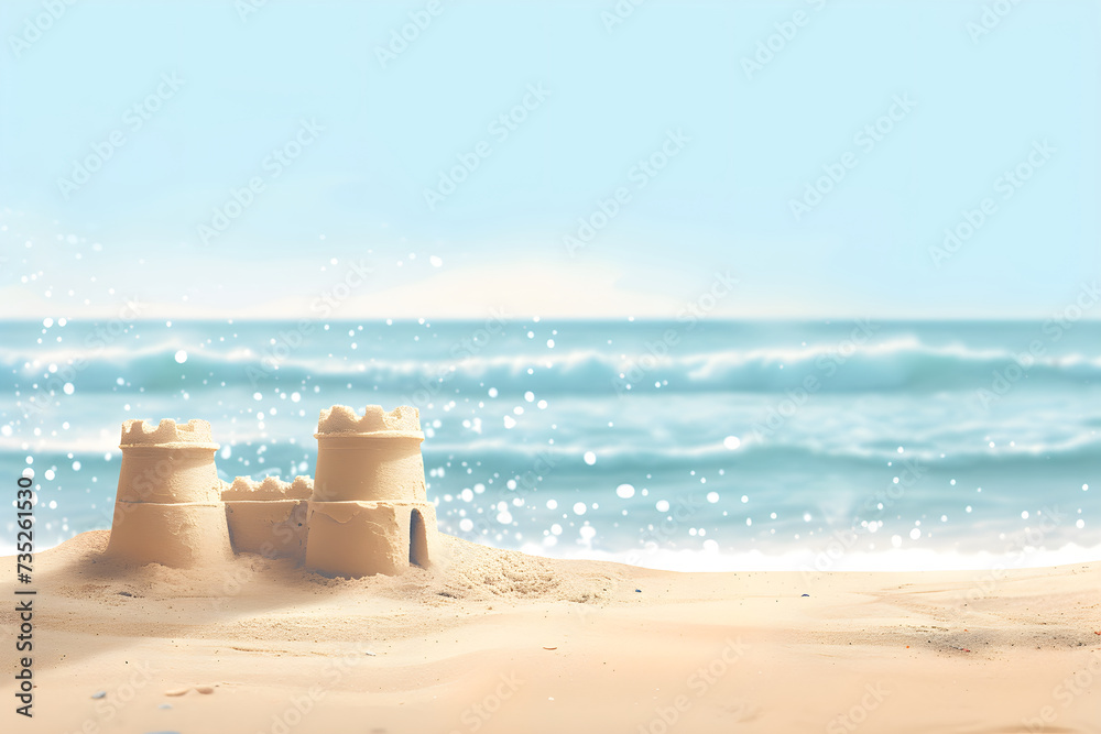 Wall mural Sand castle on the ocean beach flat cartoon illustration. Summer kids holidays on the sea side, sea coast. Concept of summer vacation for postcard, banner, poster, ads with copy space.