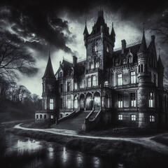 A haunting 4K image: a spooky, black and white castle in the dead of night, capturing the eerie essence of horror movies and abandonment