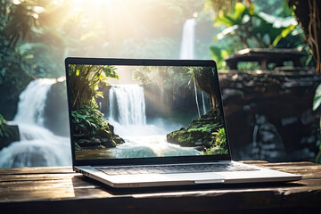Laptop with waterfall in the tropical jungle wallpaper on table on a mountain lake in the rocks with waterfall. Remote work on vacation and travel, home office, internet, tours, trekking