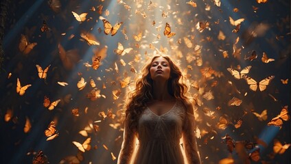 woman in a magical misty light surrounded by butterflies in a ray of light - enjoyment of nature, beauty, feminine energy, femininity, magical radiance, unity with nature.  - obrazy, fototapety, plakaty