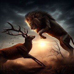 Untamed Symphony: Lion's Hunt and Deer's Flight