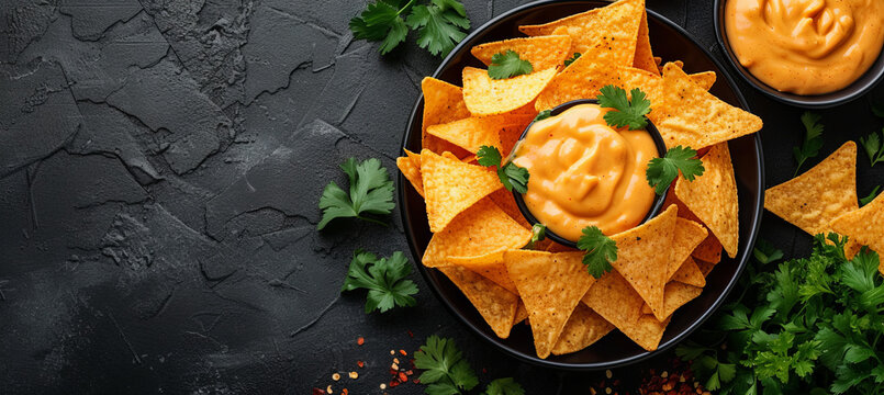 Nachos constitute a Tex-Mex gastronomic delight, featuring tortilla chips or totopos generously coated with cheese sauce, dark background 