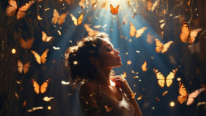 A woman in a magical misty light surrounded by butterflies in a ray of light - enjoyment of nature, beauty, feminine energy, femininity, magical radiance, unity with nature.  - obrazy, fototapety, plakaty