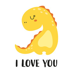 cute cartoon dinosaur with inscription I love you, greeting card for Valentines day, flat vector illustration