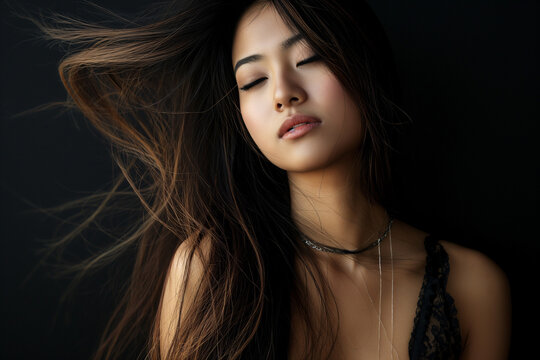asian woman is posing with long brown hair