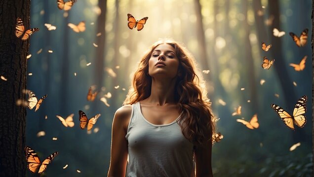 A woman in a magical misty forest surrounded by butterflies in a ray of light - enjoyment of nature, beauty, feminine energy, femininity, magical radiance, unity with nature
