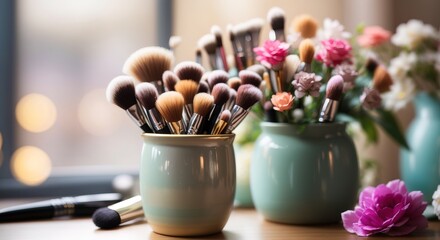 Bunch of makeup brushes in a cup on a table