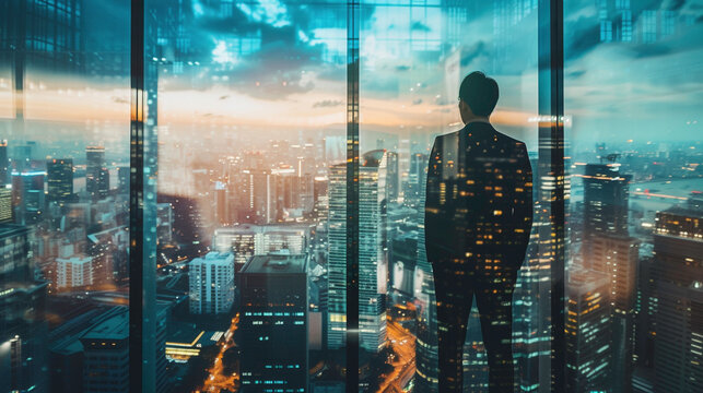 A businessman looking at a cityscape from a glass window