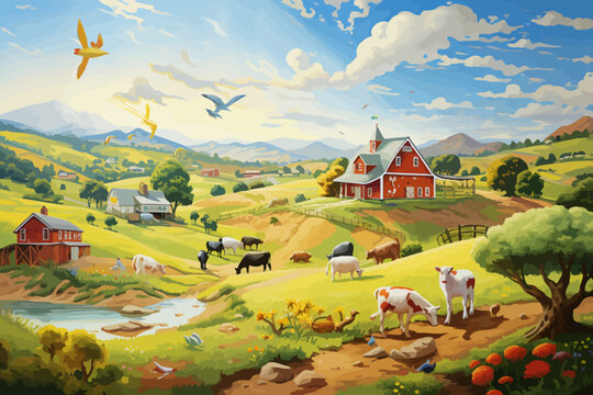 a painting of a farm scene with cows and birds