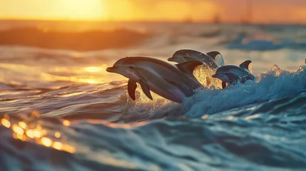 Zelfklevend Fotobehang A family of dolphins playing in the surf at sunset © Premreuthai