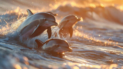 A family of dolphins playing in the surf at sunset
