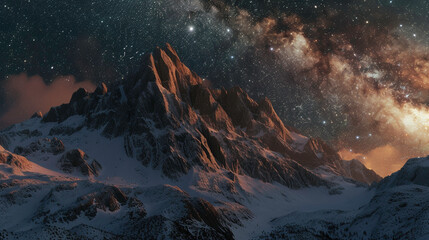 A formidable mountain range blanketed in snow under a starry sky