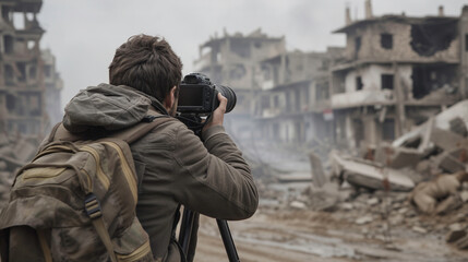 A photojournalist capturing moments in a war stricken area - obrazy, fototapety, plakaty