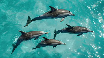 A playful group of dolphins swimming in crystalline azure waters