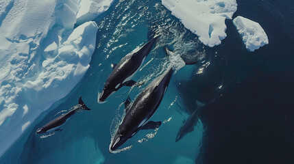 A pod of whales navigating through icy Antarctic waters