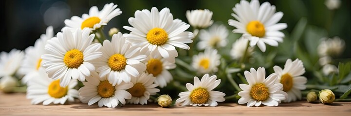 A bouquet of white daisies on the table close up. A festive birthday card, March 8th, a spring gift, summer time. 